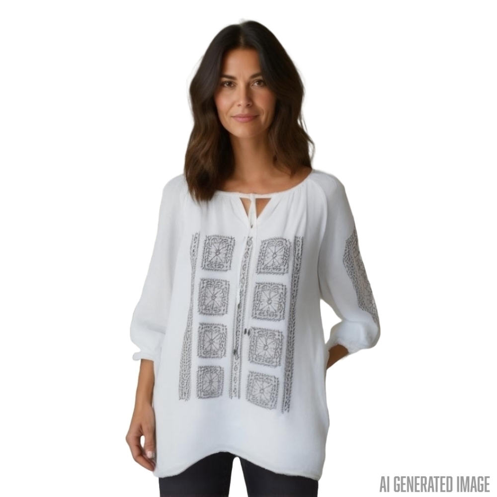 Calvin Klein White & Black Embroidered Boho Sheer Flowy Tunic Size Small NWT